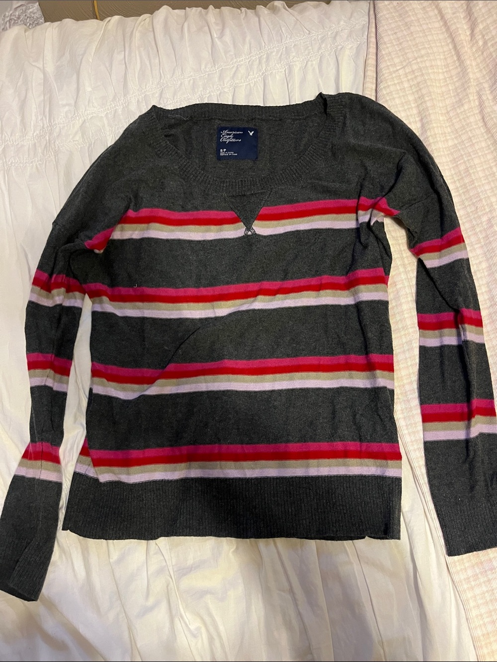 American Eagle Outfitters Charcoal V-Neck Sweater with Pink & Red Stripes